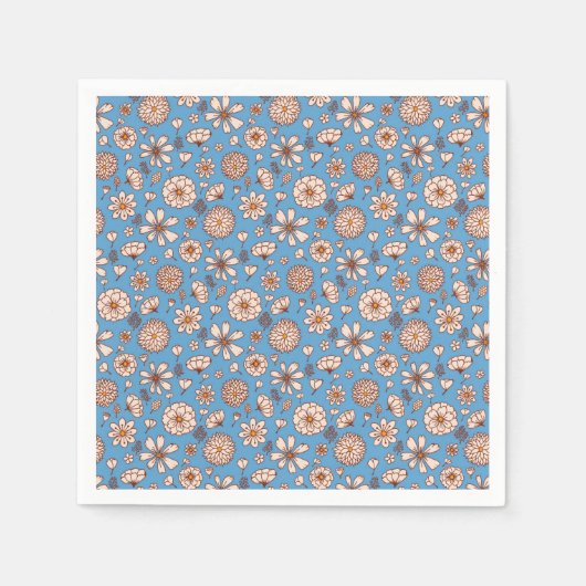 シームレスフローラルパターンブルー スタンダードカクテルナプキン (正面)