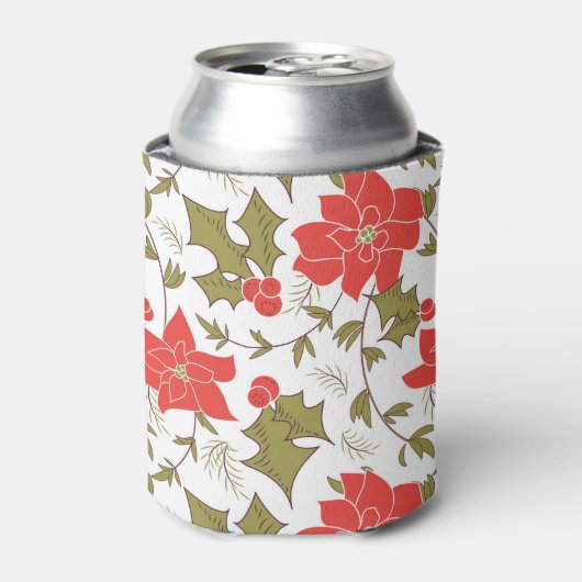 シームレスメリークリスマスレッドポインセチア緑のユーオン 缶クーラー (缶正面)