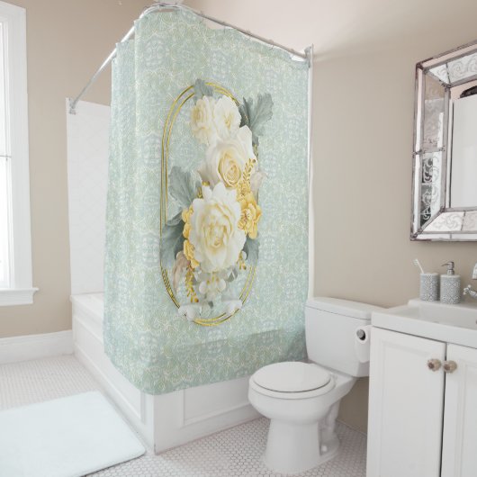 シームレスライトグリーン、イエロー&ホワイトマンダラ シャワーカーテン (インサイチュ)