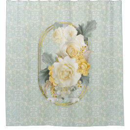 シームレスライトグリーン、イエロー&ホワイトマンダラ シャワーカーテン