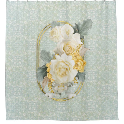 シームレスライトグリーン、イエロー&ホワイトマンダラ シャワーカーテン (正面)