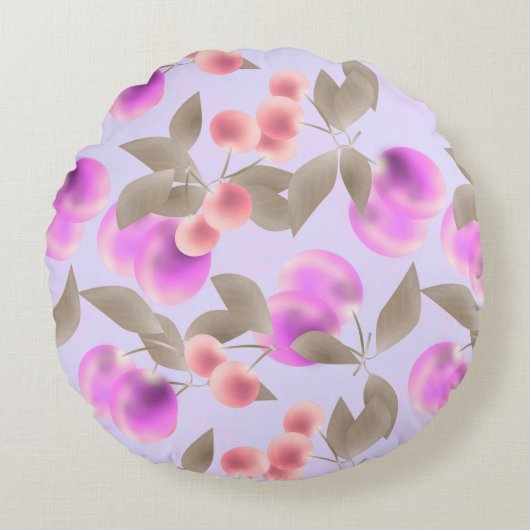 シームレスライトプラムフルーツ紫の果実さくらんぼp ラウンドクッション (正面)