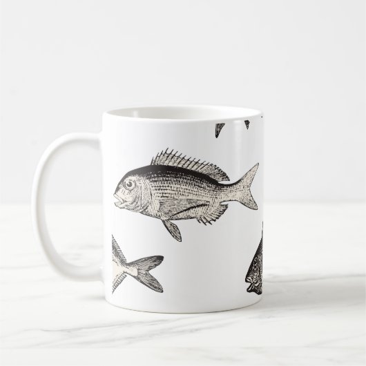 シームレスヴィンテージ魚のパターン,魚,パターン コーヒーマグカップ (左)