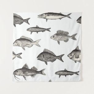 シームレスヴィンテージ魚のパターン,魚,パターン タペストリー