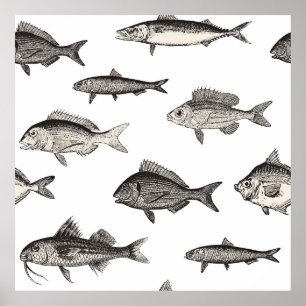シームレスヴィンテージ魚のパターン,魚,パターン ポスター