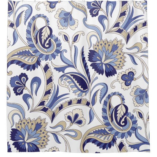 シームレス伝統的インディアンブルーペイズリーパターン シャワーカーテン (正面)