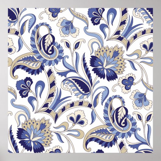 シームレス伝統的インディアンブルーペイズリーパターン ポスター (正面)