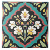 シームレス装飾フローラティール(緑がかった色)ブラックフォークアート タイル (正面)