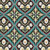 シームレス装飾フローラティール(緑がかった色)ブラックフォークアート タイル
