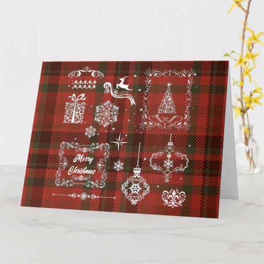 シームレ市松模様にスクリスマスの装飾の赤 – 白 カード (黄色い花)