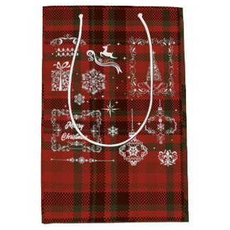 シームレ市松模様にスクリスマスの装飾の赤 – 白 ミディアムペーパーバッグ