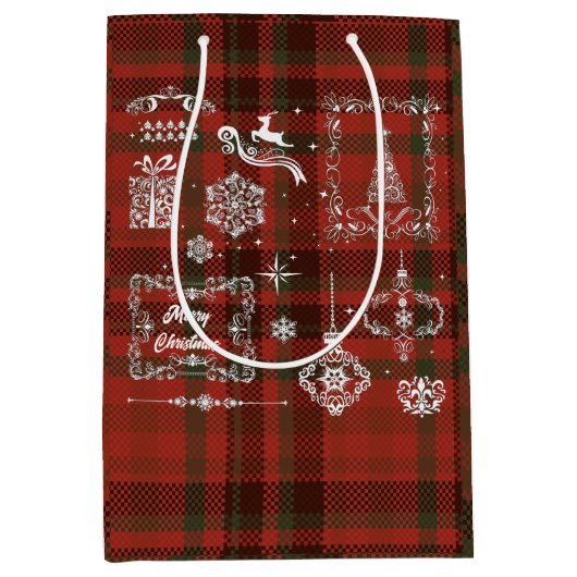 シームレ市松模様にスクリスマスの装飾の赤 – 白 ミディアムペーパーバッグ (正面)