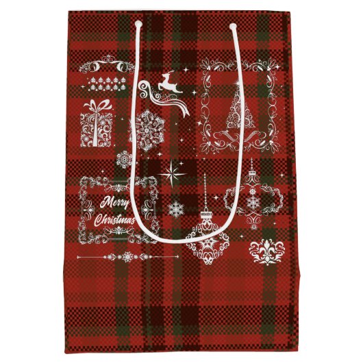 シームレ市松模様にスクリスマスの装飾の赤 – 白 ミディアムペーパーバッグ (裏面)