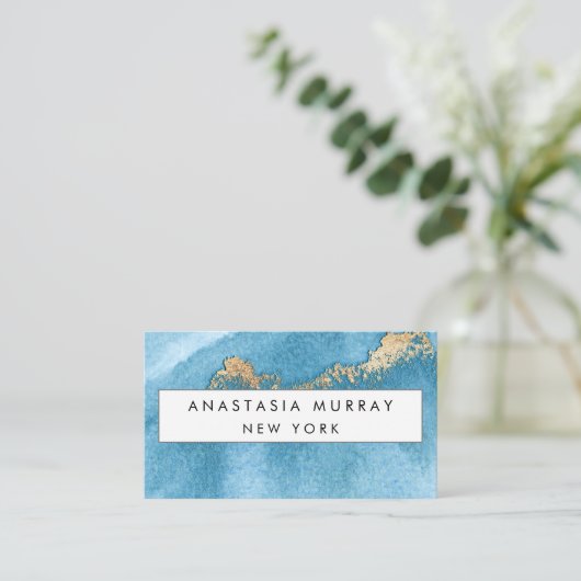 シーモダンブルーと金ゴールドグリッターミニマリストラグジュアリー 名刺 (スタンド正面)