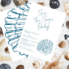 シーユーすぐに海ブルーホタテ男の赤ちゃんシャワー 招待状