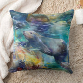 シーライオンズがティール（緑がかった色）水で泳ぐ クッション (ブランケット)