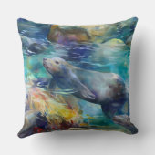 シーライオンズがティール（緑がかった色）水で泳ぐ クッション (裏面)