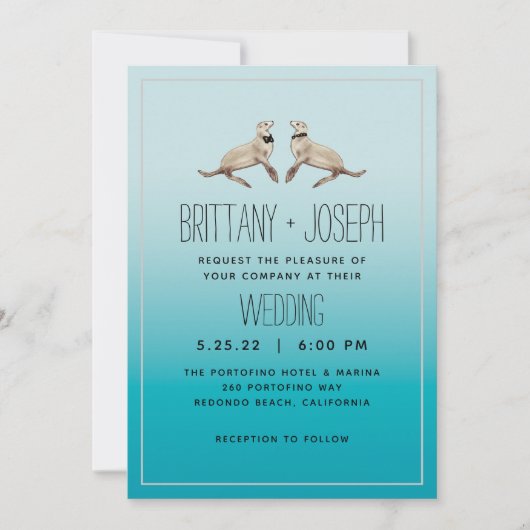 シーライオンズティール(緑がかった色)ブルーモダン結婚式招待状 招待状 (正面)