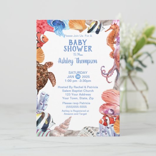 シーライフの下で青い赤ちゃんシャワー 招待状 (スタンド正面)