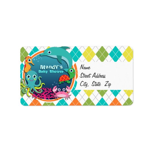 シーライフカラフルオンアーガイル;ベビーシャワー ラベル (正面)