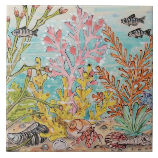 シーライフシェルミットカニ魚サンゴ海壁画Pc.#7 タイル (正面)