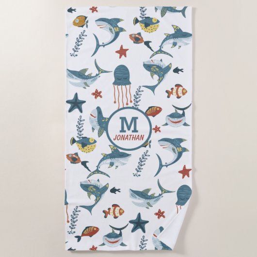 シーライフシャークダンスモノグラム ビーチタオル (正面)