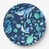 シーライフパーティー水彩ブルー海動物 ペーパープレート (正面)