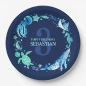 シーライフパーティー海動物ネイビーブルーウォーター色 ペーパープレート (正面)