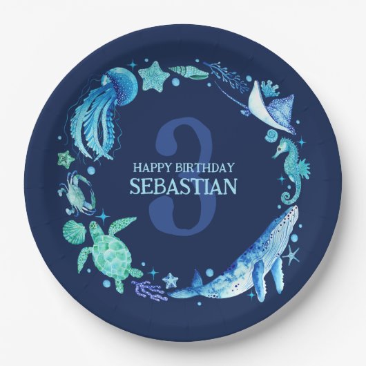シーライフパーティー海動物ネイビーブルーウォーター色 ペーパープレート (正面)