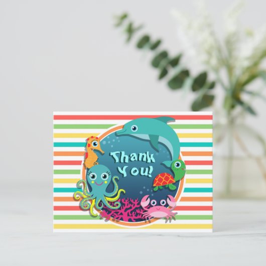 シーライフベイビーシャワー、明るい虹のストライプ ポストカード (スタンド正面)