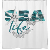シーライフモダンアクアティール(緑がかった色)ブルータイポグラフィヒトデ シャワーカーテン (正面)