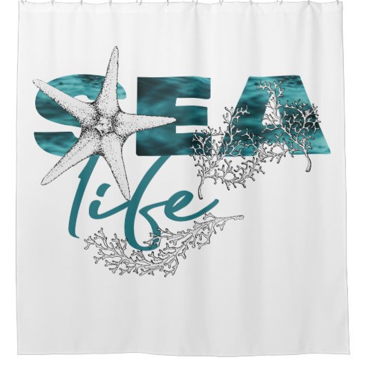 シーライフモダンアクアティール（緑がかった色）ブルータイポグラフィヒトデ シャワーカーテン (正面)