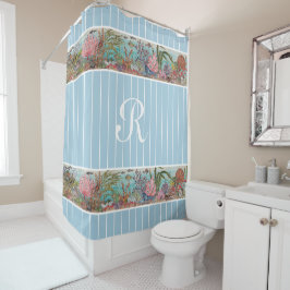 シーライフヴィンテージブルー海フィッシュサンゴモノグラム シャワーカーテン