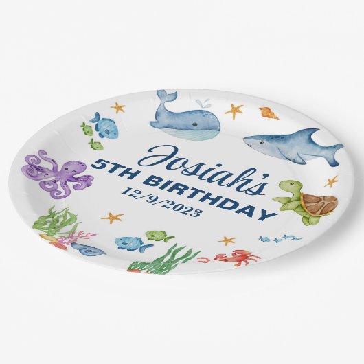 シーライフ、海ライフ男の子の誕生日紙プレート。 ペーパープレート (アングル)