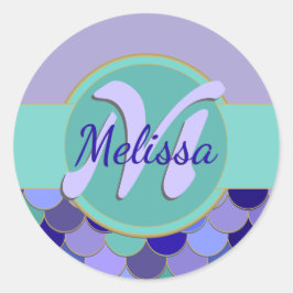 シールのモノグラム人魚シート |紫とティール（緑がかった色） ラウンドシール