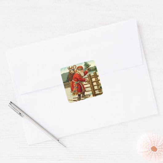 シールアンティークサンタクロースChristmas Snowshoeing スクエアシール (封筒)
