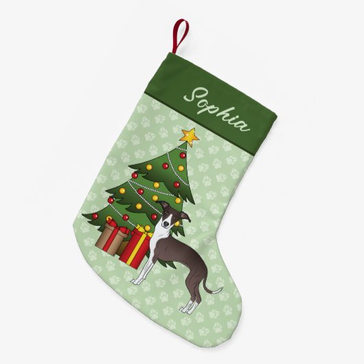 シールアンドホワイトイタリアングレイハウンド&クリスマスツリー スモールクリスマスストッキング (正面 (吊り時))