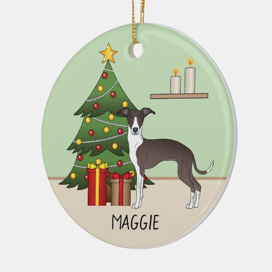 シールアンドホワイトイタリアングレイハウンド&クリスマスツリー セラミックオーナメント (左)