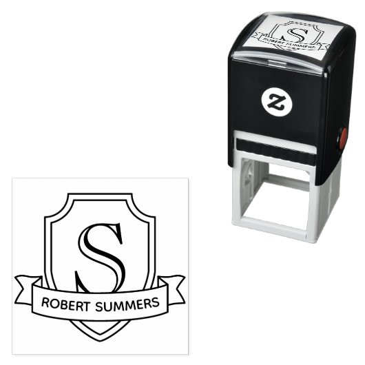 シールドおよびリボンモノグラムイニシャル セルフインキングスタンプ (インサイチュ)
