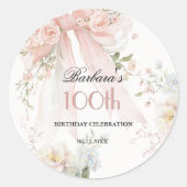 シール 高級 ピンク リボン 花柄 100歳 誕生日 (正面)