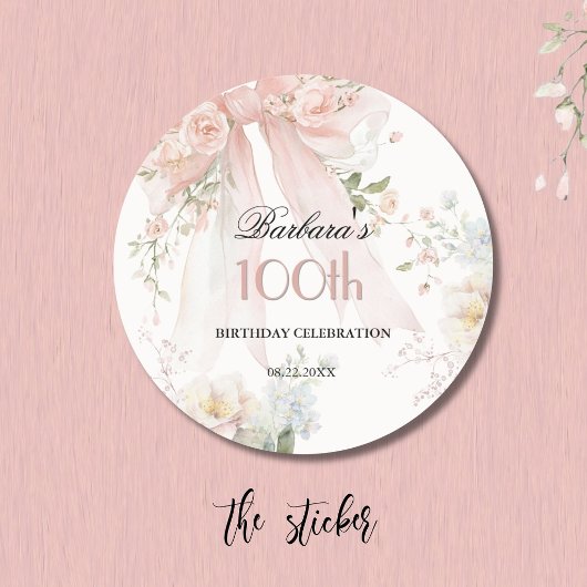 シール 高級 ピンク リボン 花柄 100歳 誕生日