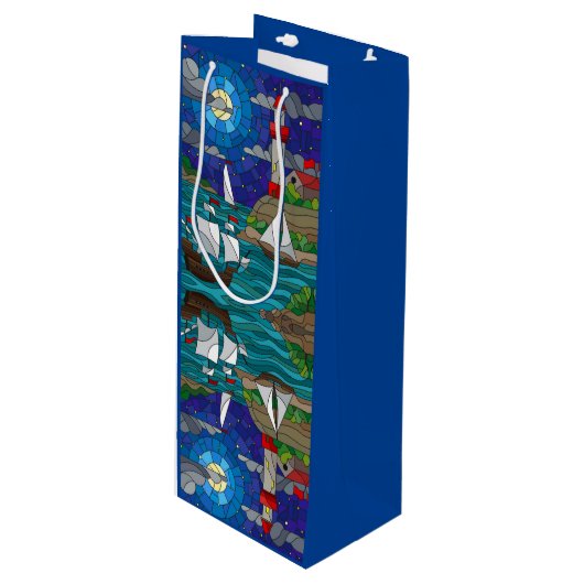 シーレッドライトハウスセーリングシップ海岸の星空 ワインギフトバッグ (正面アングル)