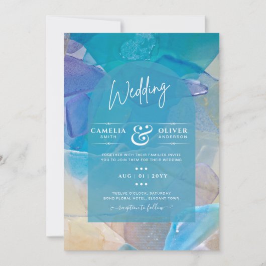 シー素晴らしガラスティール(緑がかった色)ブルー海ビーチシー結婚ズ 招待状 (正面)