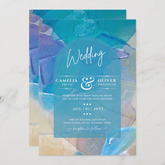 シー素晴らしガラスティール（緑がかった色）ブルー海ビーチシー結婚ズ 招待状 (正面/裏面)