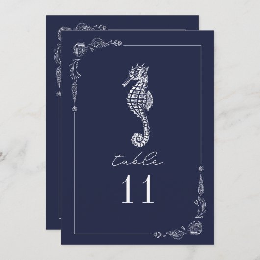 シー素朴ホース海軍結婚ブルーのテーブル番号 招待状 (正面/裏面)