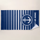 シー航海のいかりあなたの名前またはボートネイビーブルー ビーチタオル (正面)