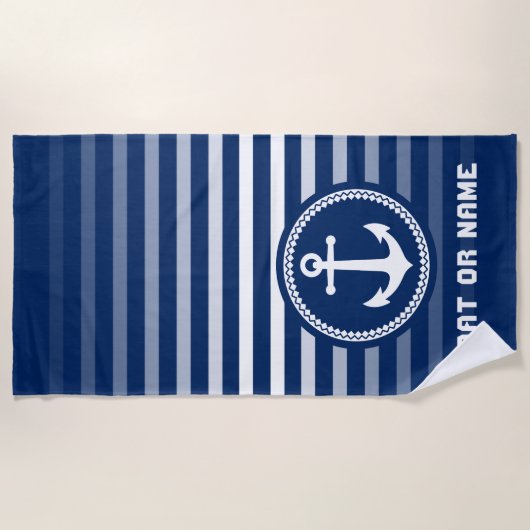 シー航海のいかりあなたの名前またはボートネイビーブルー ビーチタオル (正面)