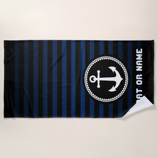 シー航海のいかりお名前またはボートネイビー&ブラック ビーチタオル (正面)