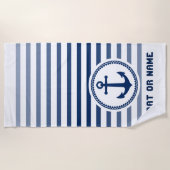 シー航海のいかりお名前またはボートネイビー&ホワイト ビーチタオル (正面)