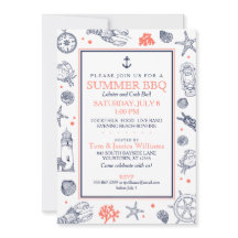 シー航海のサイドビーチネイビーブルー/コーラル招待状